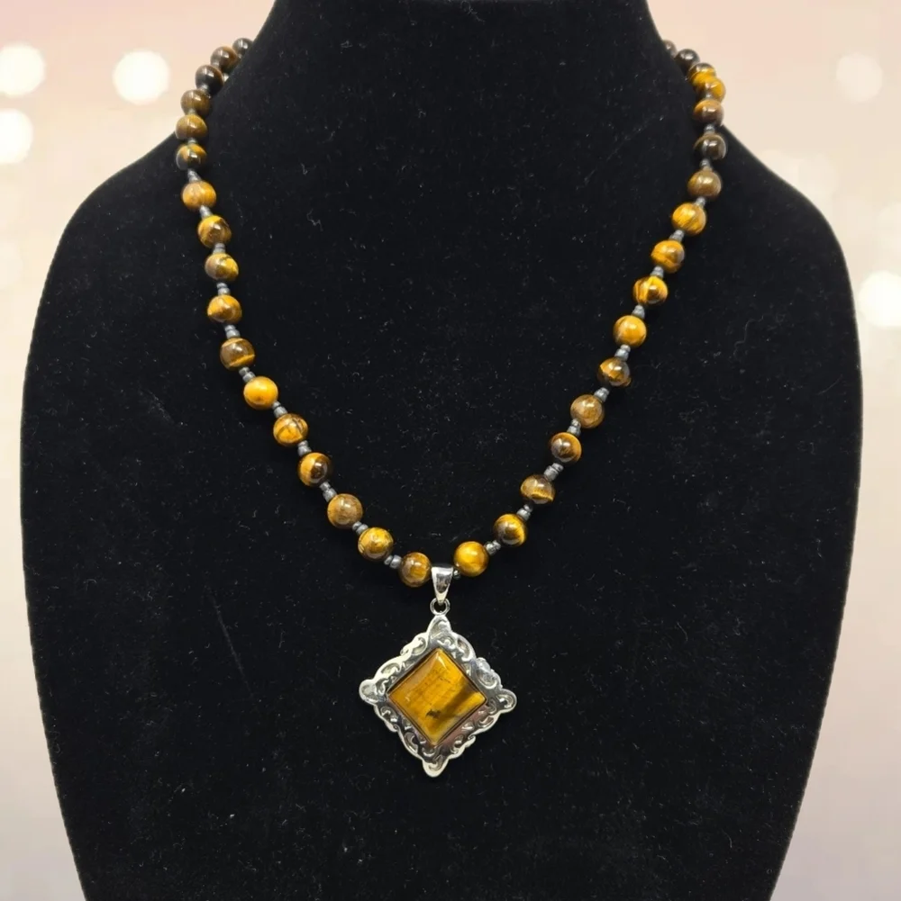 Tiger's Eye Beaded Necklace With Pendant Ornate Silver Tone Accents Adj Length